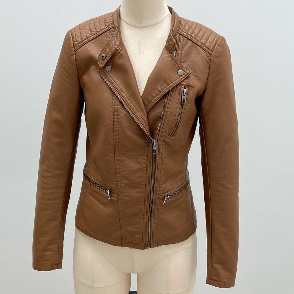 ONLY Tan PU Vegan Leather Biker Jacket